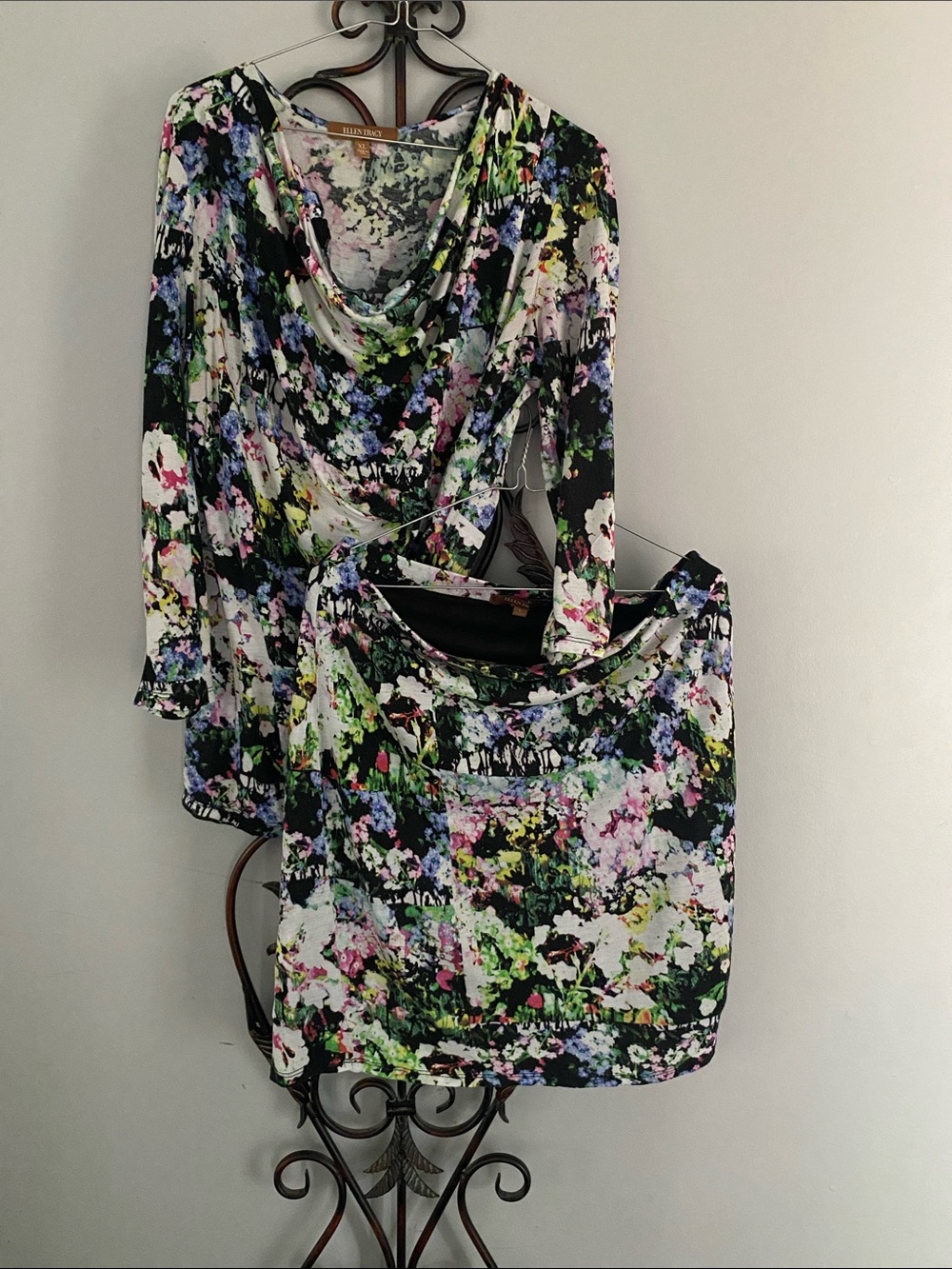 Ellen Tracy Floral Print Top and Skirt Set - Black, Pink, Green